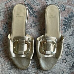Stuart Weitzman Gold Metallic Leather Slides Sandals with Square Buckle
